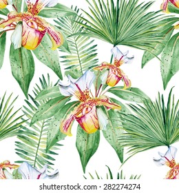 Blooming orchids and tropical leaves, dense jungle. Seamless, hand-painted, watercolor pattern. Vector background.
