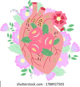 Blooming organ. Organ of the Heart with flowers. Blooming health illustration. Vector illustration.