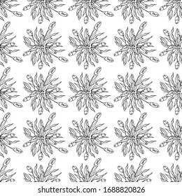 Blooming Oriental lily and buds. Seamless pattern of flowers, leaves and buds. Monochrome hand-drawn collection. Vector illustration.