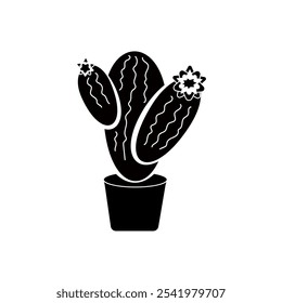 Cactus en forma ovalada en flor en una maceta. Vector ilustración en blanco y negro
