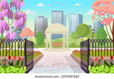 Blooming park in spring. Entrance to the park day. Open gates to the park. Beautiful summer park with gazebo, rotunda, benches, lanterns. Flat cartoon style.