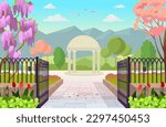 Blooming park in spring with mountains. Entrance to the park day. Open gates to the park. Beautiful summer park with gazebo, rotunda, benches, lanterns. Flat cartoon style.