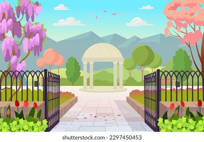 Blooming park in spring with mountains. Entrance to the park day. Open gates to the park. Beautiful summer park with gazebo, rotunda, benches, lanterns. Flat cartoon style.