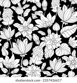 Blooming pattern. Black and white Plant background