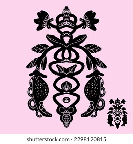 Blooming pea composition. Modern texture illustration in linocut style, symmetrical, with cut out ornament, also just a grunge silhouette. Black silhouette hand drawing. Element for design