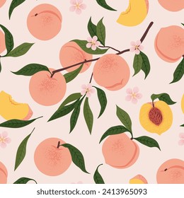 Blooming Peach Branch and leaves seamless pattern. Vector illustration in trendy retro style