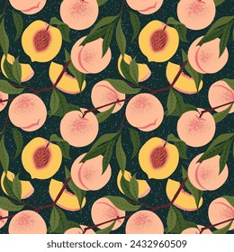 Blooming Peach Branch and Leaves Seamless Pattern. Vector illustration in Old Vintage style