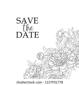 Blooming peonies at the corner of invitation card isolated over white and text place. Congratulation text card with Save the date sign. Vector illustration.