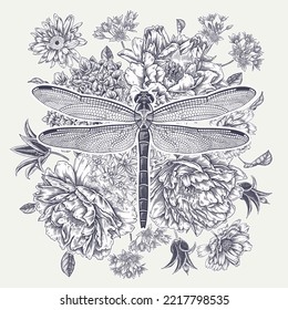 Blooming peonies, hydrangea, tulips and daisies and dragonfly. Wedding floral decoration. Vintage botanical vector illustration. White background and black graphic. Antique engraving.