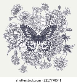 Blooming peonies, hydrangea, tulips and daisies and butterfly. Wedding floral decoration. Vintage botanical vector illustration. White background and black graphic. Antique engraving.