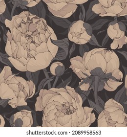 Blooming peonies seamless pattern in beige and gray colors.Vector texture.