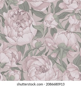Blooming peonies seamless pattern in pastel pink and green colors.Vector texture.