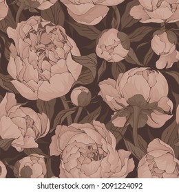 Blooming peonies seamless pattern in pink and brown colors.Vector texture.