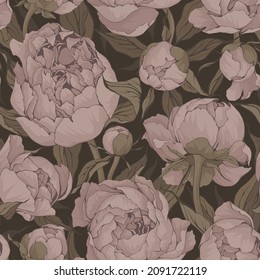 Blooming peonies seamless pattern in pink and green colors.Vector texture.