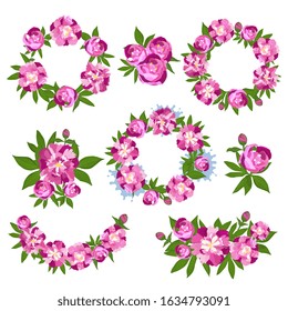 Blooming peonies. A set of floral wreaths, borders, frames, compositions for the design of holiday posters, wedding invitations, for marketing, event invites