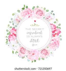 Blooming peony, pink hydrangea, rose, white freesia, eucalyptus, spring leaves and flowers vector design round frame. Wedding cute template. Delicate floral card.All elements are isolated and editable