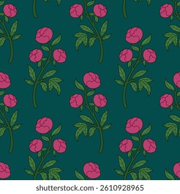 Blooming Peony Seamless Pattern with Flower Branches on Teal Background. Gorgeous Summer Floral Outline Design for Fabric, Wrapping Paper, Textile or Packaging