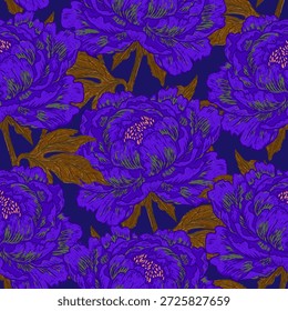 Peony florescente. Padrão Perfeito. Esta ilustração vintage é desenhada à mão em um estilo esboçado com linhas de contorno nítidas e pinceladas vibrantes e texturizadas.