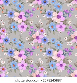Blooming pink blue and small white flowers seamless pattern for fabric textile fashion print textile wallpaper background.