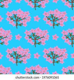 Blooming pink branches on a blue background.Berry pattern for textile, fabric, packaging paper, background, wallpaper.