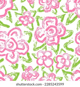 Blooming pink flowers, doodle style, white background. Seamless floral pattern-241.