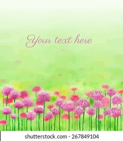 Blooming pink flowers on green field, clover meadow, hand drawn watercolor illustration with copy space