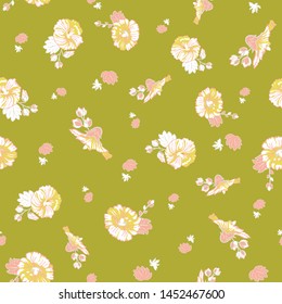 Blooming pink green mallow flower garden seamless repeat vector pattern background for fabric, scrapbooking, wallpaper and backgrounds. Surface pattern design.