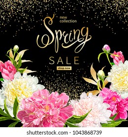 Blooming pink and light yellow peonies, buds, green leaves on a black background with golden glitters. Inscription Spring Sale in a center. Template for greeting card, banner, Wedding invitation