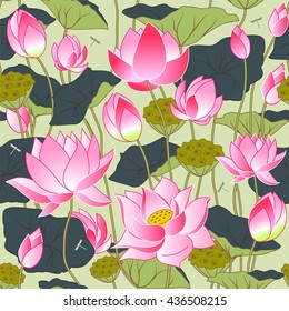 blooming pink lotus flowers, leaves, buds and lotus flowers, seamless vector background