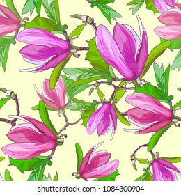 Blooming pink Magnolia on light yellow background.Floral seamless pattern.Bright botanical spring-summer illustration with flowers for printing.