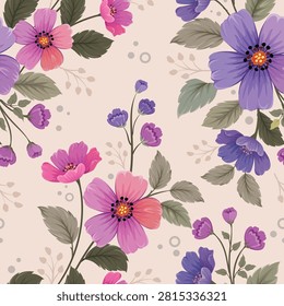 blooming pink and purple flowers and leaf seamless pattern for fashion print fabric textile wallpaper.