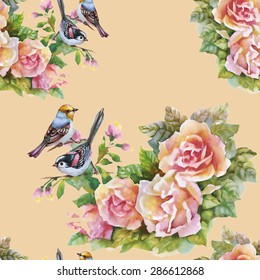 Blooming Pink Rose flowers with birds, watercolor seamless pattern on beige background vector illustration