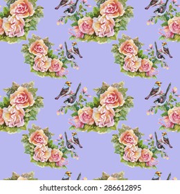 Blooming Pink Rose flowers with birds, watercolor seamless pattern on purple background vector illustration