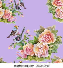 Blooming Pink Rose flowers with birds, watercolor seamless pattern on purple background vector illustration