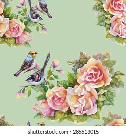 Blooming Pink Rose flowers with birds, watercolor seamless pattern on green background vector illustration