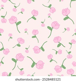 Blooming Pink Rose on Fairy Tale Background. Botanic Petal of Rosa Seamless Pattern Vector. Classic Design for Nature's Feel. Lovely Pastel Flowers Stem and Leaves. Garden on Canvas, Fabric, Fashion.