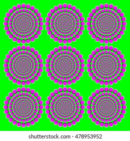 Blooming pink wheels motion illusion. It seems the wheels with magenta dots on green background become bigger when moving the eyes from one to another. Peripheral drift or Fraser Wilcox illusion.