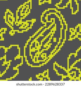 Blühende gepixelte Blumen mit Blättern und Ästen, Blättern und Flora. Blumendekoration und Motiv, Frühling oder Sommer, 8 Bit. Nahtloses Muster, Bildschirmhintergrund oder Hintergrunddruck. Vektorgrafik im Flachstil
