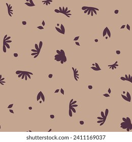 Blooming plants and wildflowers. Minimalist foliage and petals, ornamental ditsy motif. Vintage adornment for fashion prints. Seamless pattern, wallpaper or print background. Vector in flat style