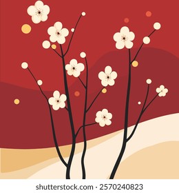 Blooming plum blossoms on thin branches