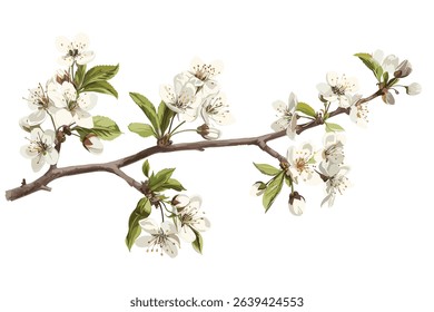 Blooming plum tree flowers isolated on white  background.