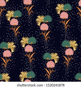 Blooming pom pom flower and leaves mixed with spread random polka dots seamless pattern in vector ,Design for fashion, fabric, wallpaper, wrapping,cover and all prints on dark navy background color