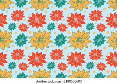 Blooming pomegranate flowers on blue background. Russian style seamless pattern. Ready to use for fabric, gift wrap, wallpaper design. Vector illustration