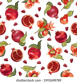 Blühendes Granatapfel und Früchte in einem Muster.Farbiges Vektormuster mit blühendem Granatapfelranat und Früchten auf weißem Hintergrund.