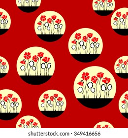 Blooming poppies. Abstract vector background with floral pattern and circles. Retro textile collection. 1960s style. On red. Backgrounds & textures shop.