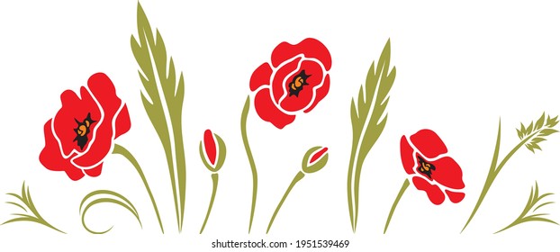 Blooming poppies. Decorative elements for flat design. Vector