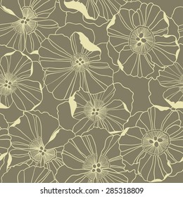 Blooming poppies outline drawing - vector seamless pattern