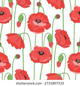 Blooming poppies padrão sem costura. Flores selvagens cor vermelha com hastes verdes no fundo branco. Estampa botânica em tecido e papel. Design vetorial para têxtil, papel de parede sem fim, capa. Primavera.