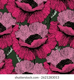 Blooming poppy. Seamless floral pattern based on hand drawn art ornaments. Colorful flowers on color background. Vector illustration. Simple pattern for fabric, textile.