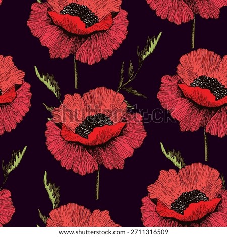 Blooming poppy. Seamless floral pattern based on hand drawn art ornaments. Colorful flowers on color background. Vector illustration. Simple pattern for fabric, textile.
